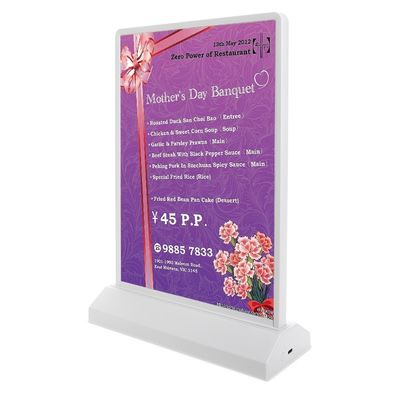 A4 / A5 Recargable Acrílico LED Menú de mesa Display Holder con 8000K Temperatura de color